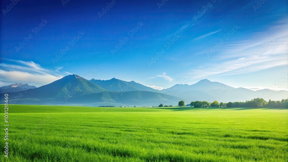 Fototapeta premium Landscape with green field, mountains, and blue sky