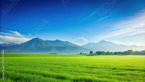 Landscape with green field, mountains, and blue sky