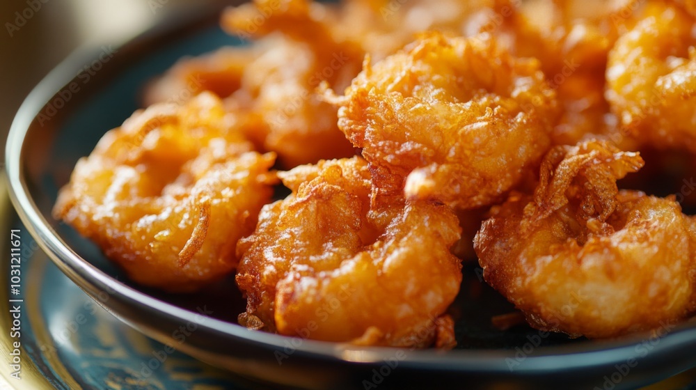 Crispy Fried Shrimp on a Blue Plate Crispy Fried Shrimp on a Blue Plate