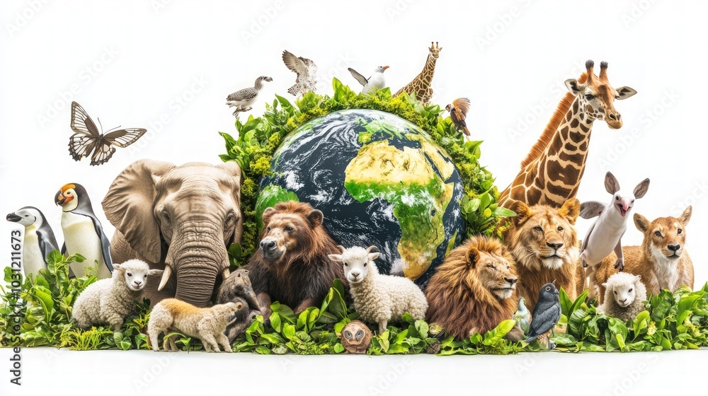 A diverse group of animals surround a globe, symbolizing the interconnectedness of all living things.
