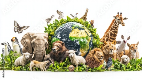 Obraz na płótnie A diverse group of animals surround a globe, symbolizing the interconnectedness of all living things. w salonie