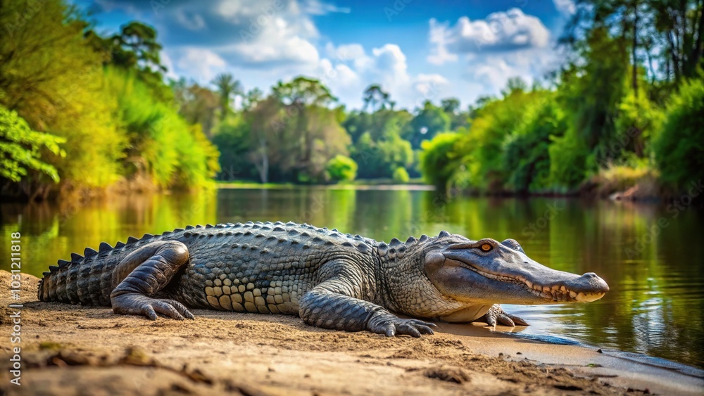 Large alligator laying by river bank in front of trees Large alligator laying by river bank in front of trees