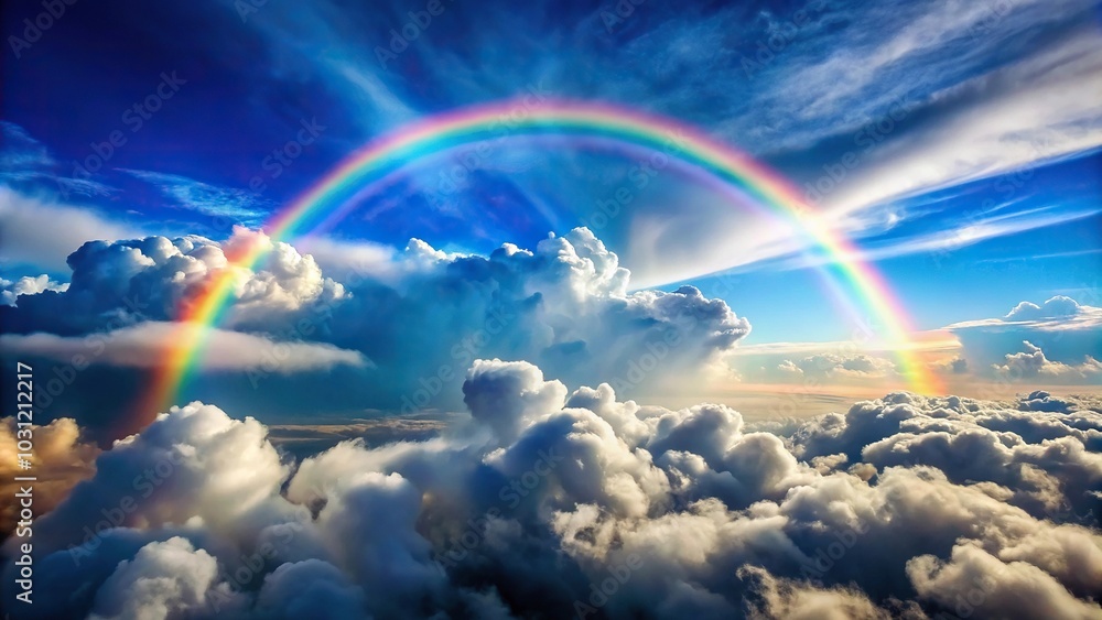 Large cumulus clouds with rainbow and blue sky background Aerial Large cumulus clouds with rainbow and blue sky background Aerial