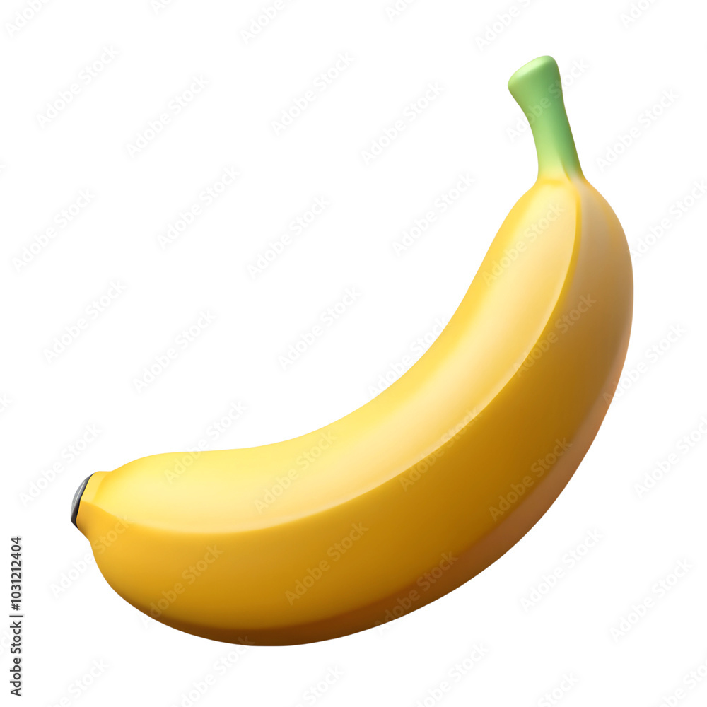 3D rendered banana with a vibrant yellow skin and a green stem on a transparent background, showcasing a smooth, realistic texture and vivid color. 3D rendered banana with a vibrant yellow skin and a green stem on a transparent background, showcasing a smooth, realistic texture and vivid color.