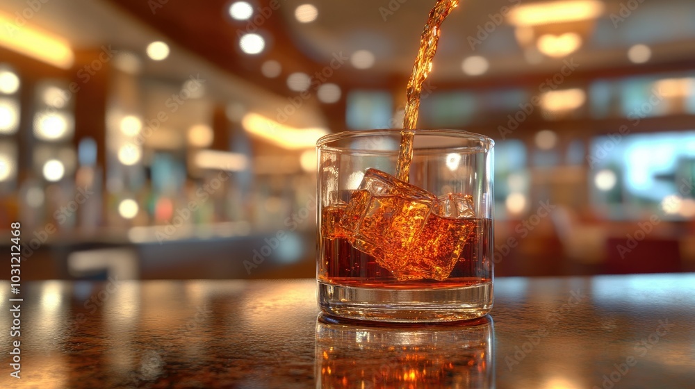 Refreshing Drink Poured Over Ice in Bar Setting Refreshing Drink Poured Over Ice in Bar Setting