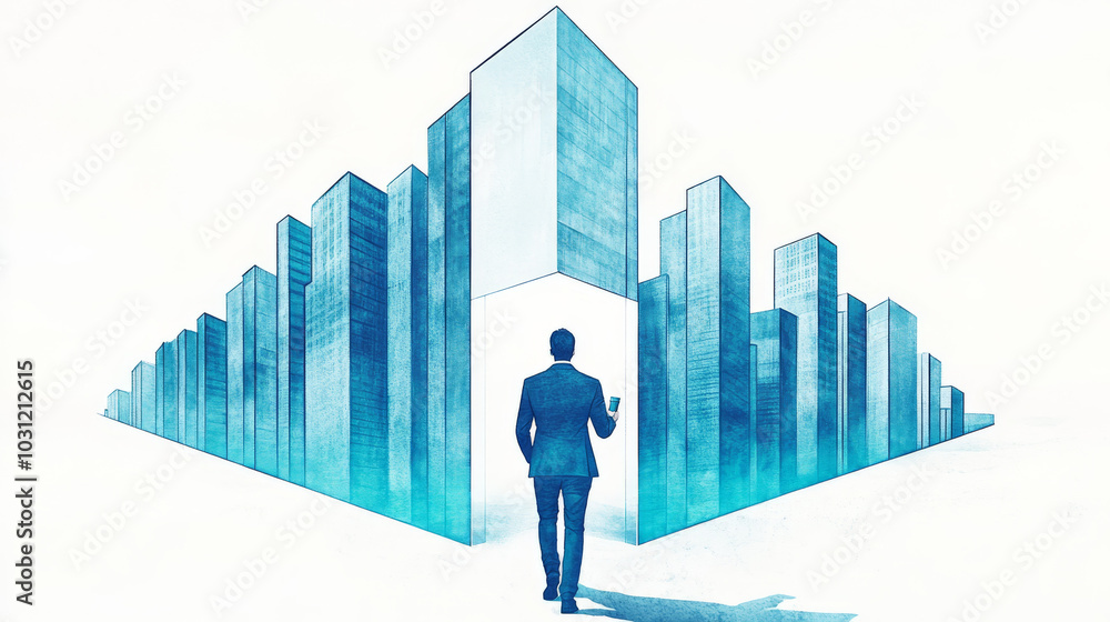 A businessman walks toward a city skyline depicted in a minimalist watercolor illustration. A businessman walks toward a city skyline depicted in a minimalist watercolor illustration.