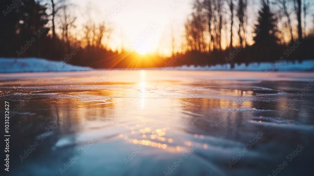 A serene winter landscape with a sunset reflecting on icy water. A serene winter landscape with a sunset reflecting on icy water.