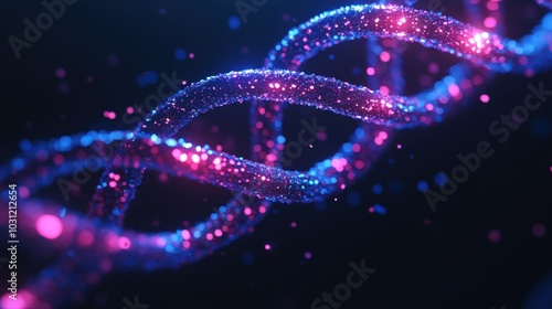 A glowing, abstract, pink and blue DNA double helix strand.