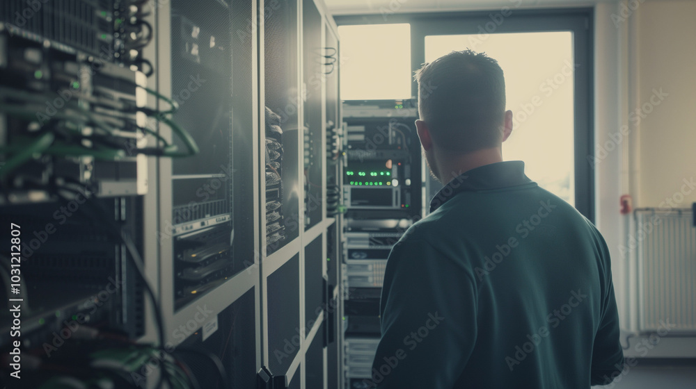 Fototapeta premium Technician in modern office maintaining network server, surrounded by cables and routers, showcasing focus and professionalism in IT infrastructure management