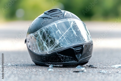 Motorcyclist helmet after motorcycle accident. Selective focus background and copy space