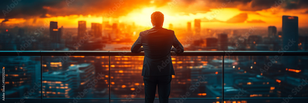 A man in a suit looks out over the city at sunset. A man in a suit looks out over the city at sunset.