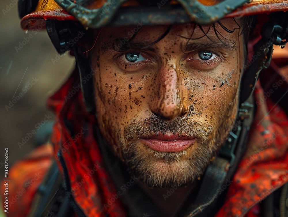 Close Up Portrait of a Firefighter Covered in Mud Close Up Portrait of a Firefighter Covered in Mud