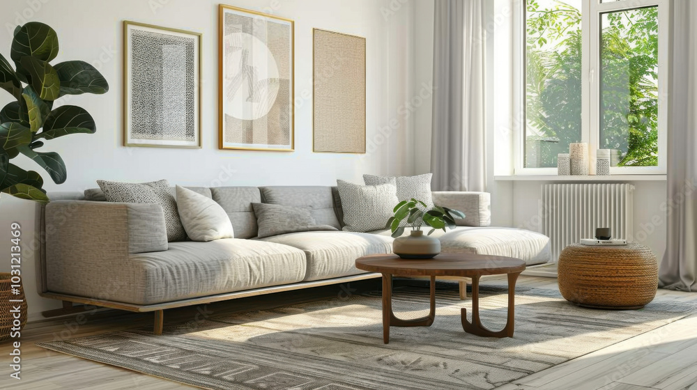 Naklejka premium Interior of light living room with grey sofa, wooden coffee table and big window