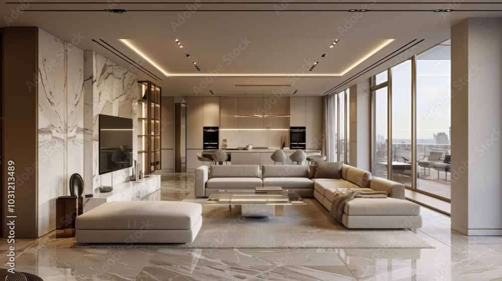 light luxury interior design of a modern apartment in a minimalist style with marble trim and huge windows