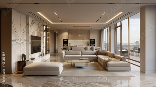 Obraz na płótnie light luxury interior design of a modern apartment in a minimalist style with marble trim and huge windows w salonie
