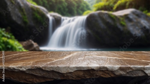 close up view of rock table suitable for product display with waterfall and forest in the background