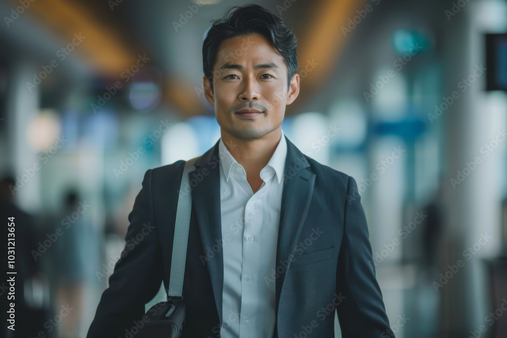 Portrait of businessman wearing a suit and pulling a suitcase Portrait of businessman wearing a suit and pulling a suitcase