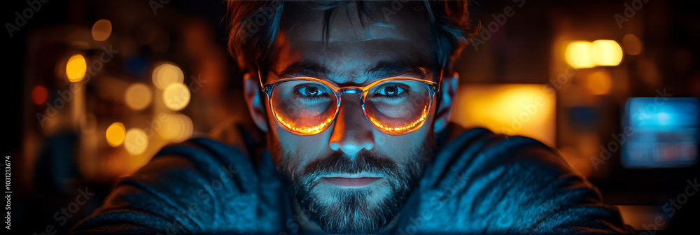 A young man wearing glasses, looks intensely at the screen in front of him, illuminated by blue and orange light. A young man wearing glasses, looks intensely at the screen in front of him, illuminated by blue and orange light.