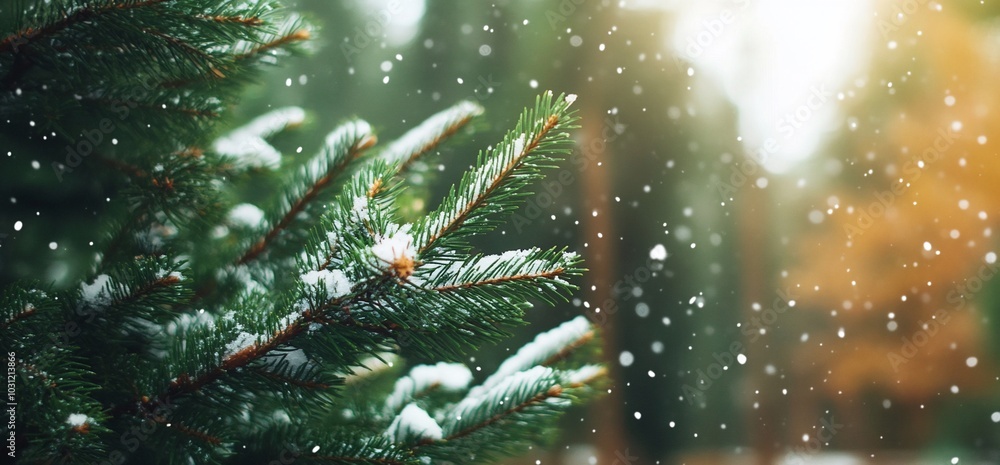 Snowfall on evergreen branches in a serene forest setting. Snowfall on evergreen branches in a serene forest setting.