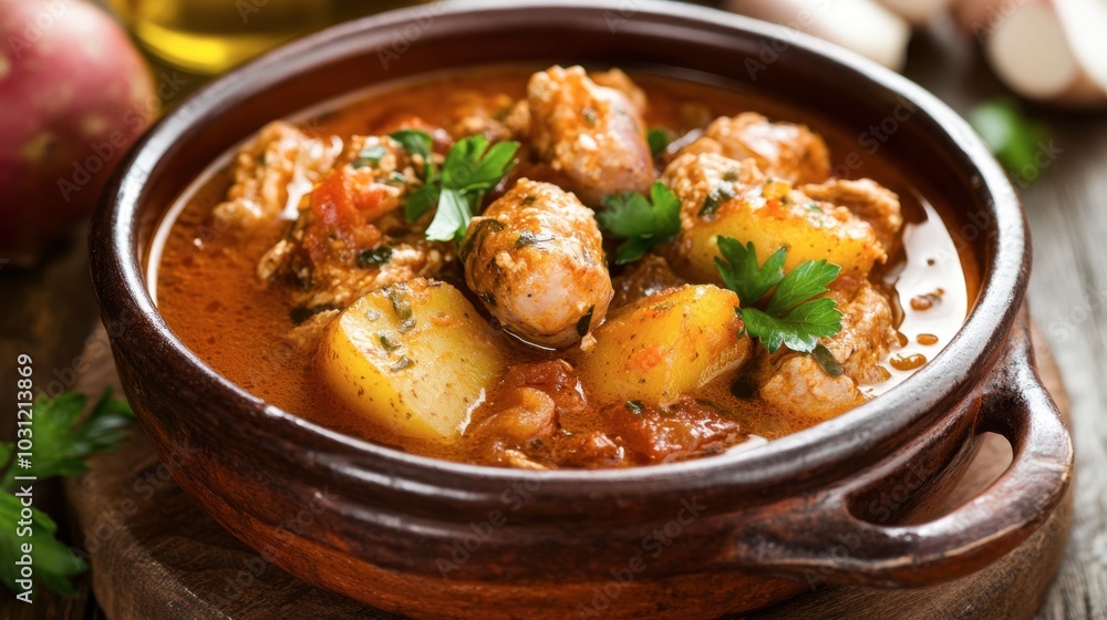 Hearty Stew with Potatoes and Meat in a Bowl Hearty Stew with Potatoes and Meat in a Bowl