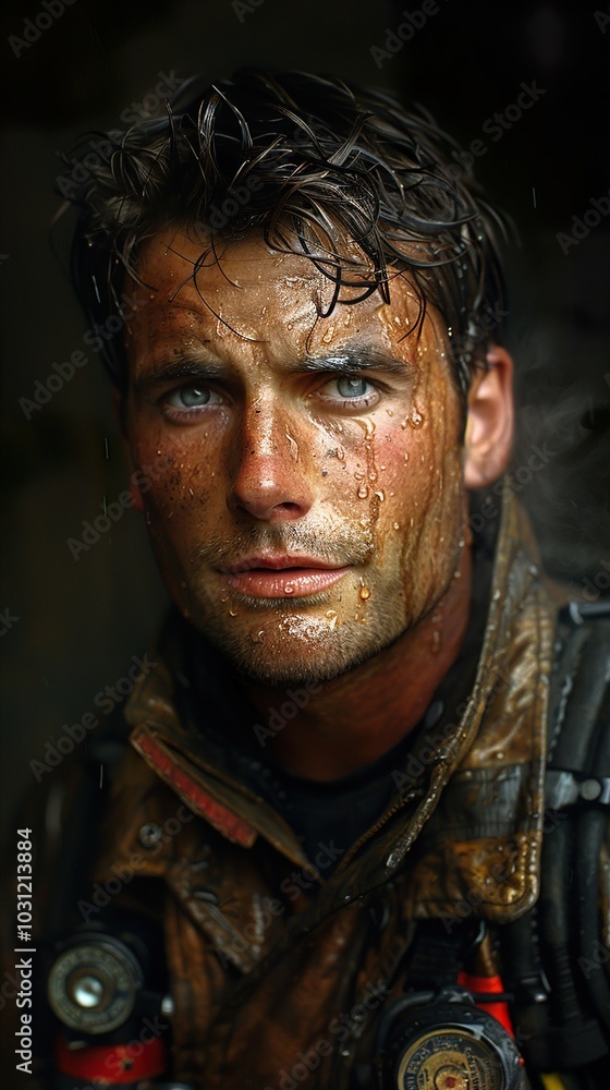 Close-up Portrait of a Determined Firefighter Close-up Portrait of a Determined Firefighter