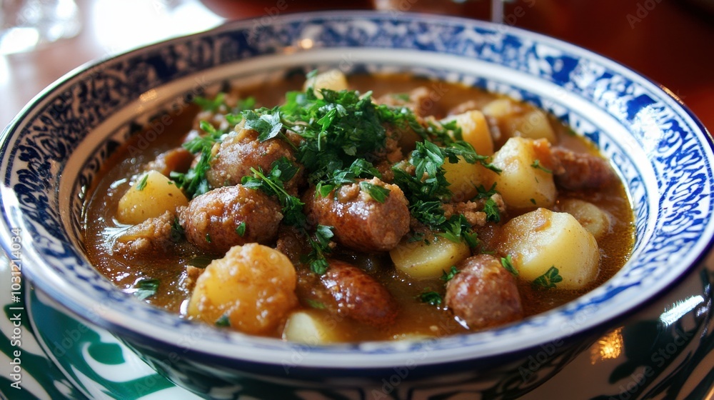 Hearty Meatball and Potato Stew Bowl with Herbs Hearty Meatball and Potato Stew Bowl with Herbs