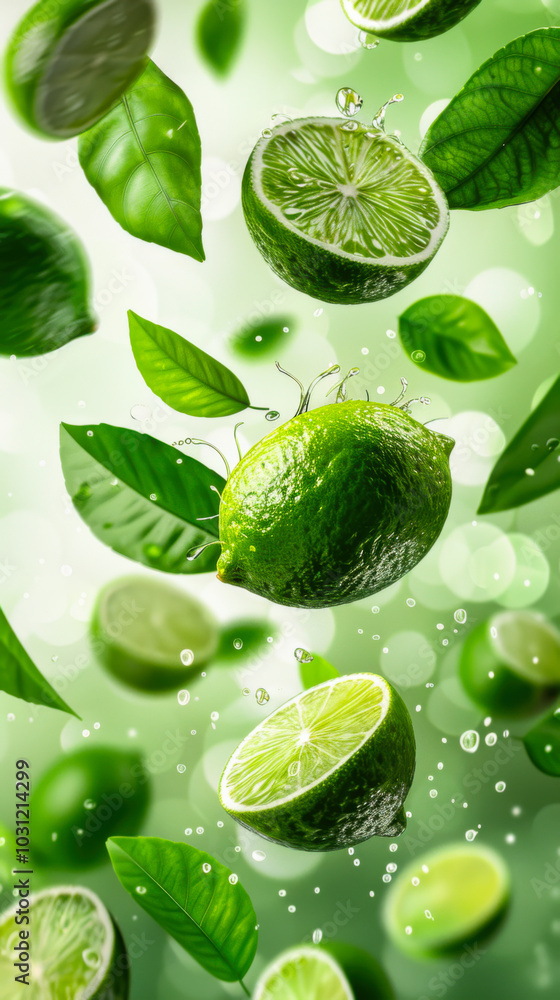 Falling juicy lime with green leaves isolated on transparent background. Falling juicy lime with green leaves isolated on transparent background.