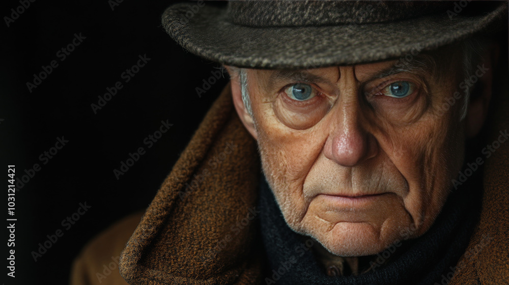 Close-up portrait of a senior man with piercing blue eyes, wearing a brown hat and coat. Close-up portrait of a senior man with piercing blue eyes, wearing a brown hat and coat.