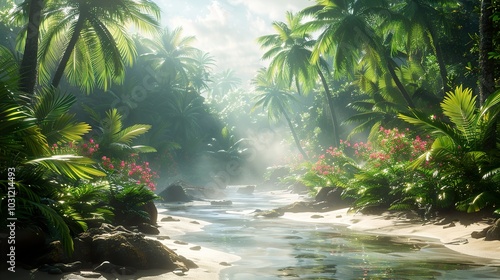 Lush Tropical Jungle River Scene with Palm Trees and Sunlight