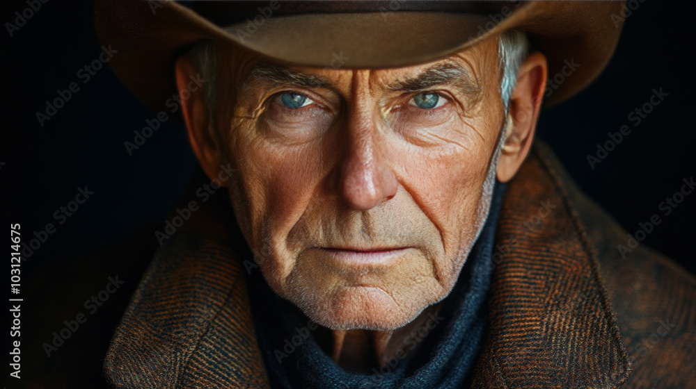 Close-up portrait of a senior man wearing a cowboy hat and jacket, looking directly at the camera. Close-up portrait of a senior man wearing a cowboy hat and jacket, looking directly at the camera.
