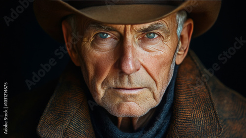 Close-up portrait of a senior man wearing a cowboy hat and jacket, looking directly at the camera.