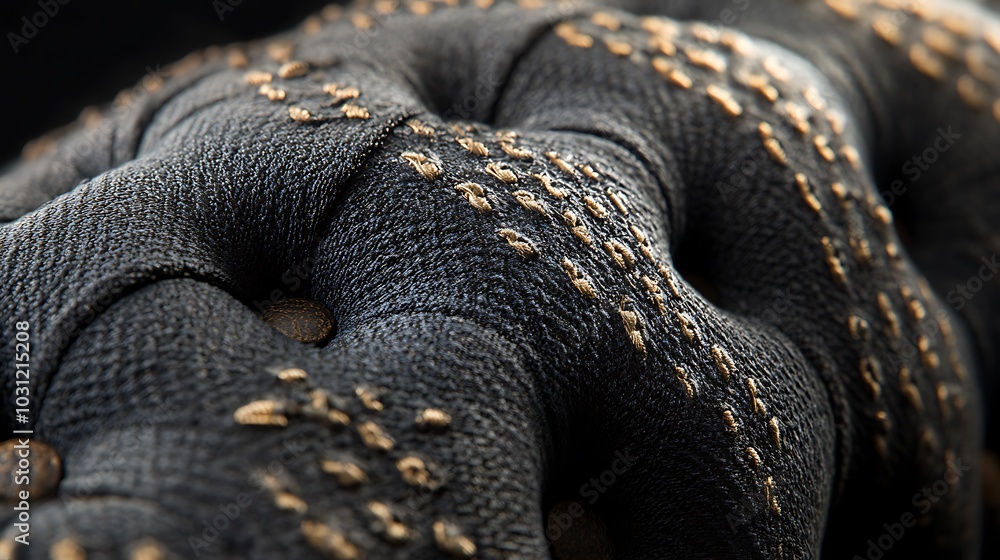 Close-up of Black Leather Upholstery with Gold Stitching Close-up of Black Leather Upholstery with Gold Stitching