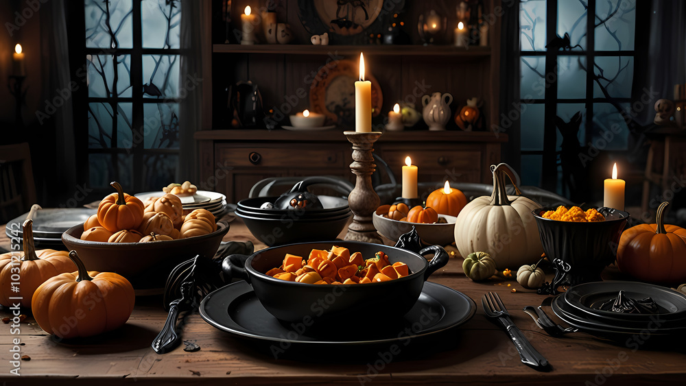 old, rustic wooden table surrounded by Halloween decorations old, rustic wooden table surrounded by Halloween decorations