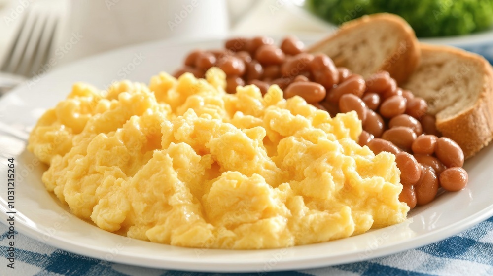 Scrambled Eggs with Beans and Toast on Plate Scrambled Eggs with Beans and Toast on Plate