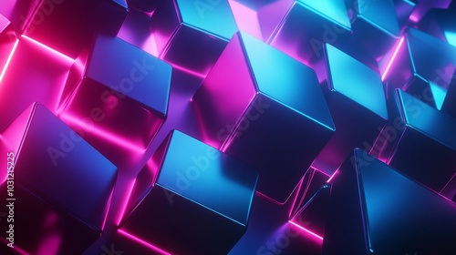 3D geometric composition of trapeziums, alternating between vivid blue and soft pink, glowing edges, floating in dark space, digital art style