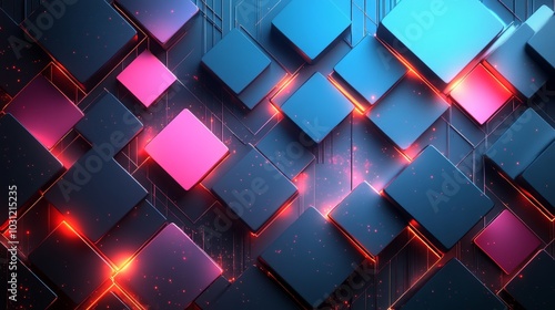 3D geometric composition of trapeziums, alternating between vivid blue and soft pink, glowing edges, floating in dark space, digital art style