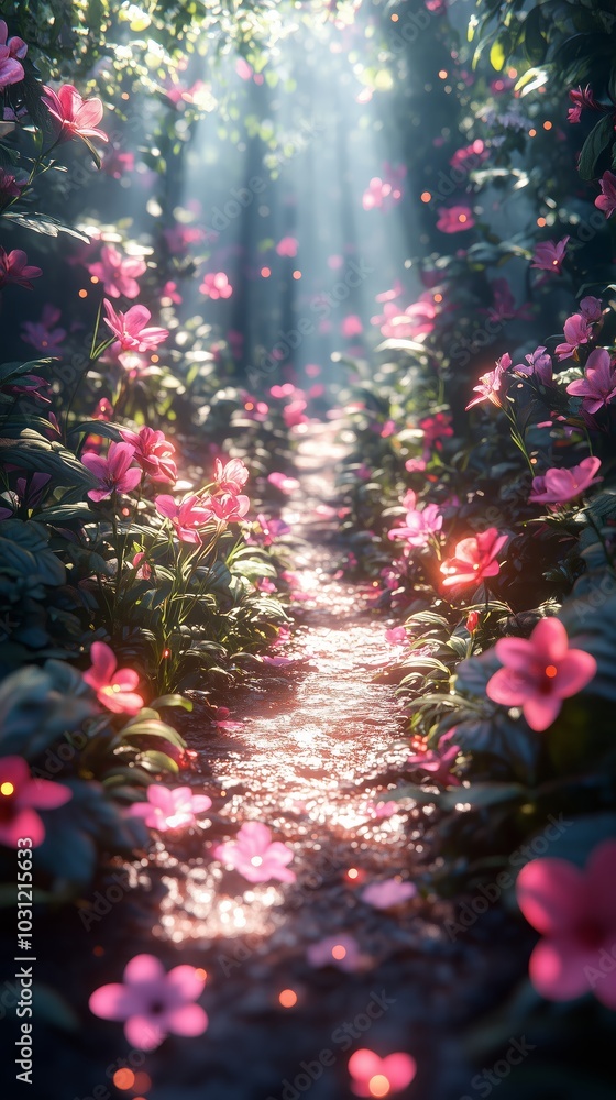 Magical Forest Trail Lined with Vibrant Flowers and Glowing Sunbeams - Made with Generative AI Magical Forest Trail Lined with Vibrant Flowers and Glowing Sunbeams - Made with Generative AI