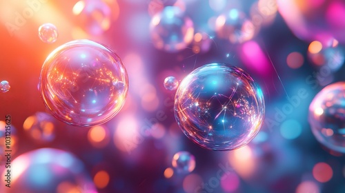 A cluster of floating metallic orbs in radiant hues, semi-transparent with soft reflections, set against a futuristic geometric background, intricate details, neon lighting, photorealistic