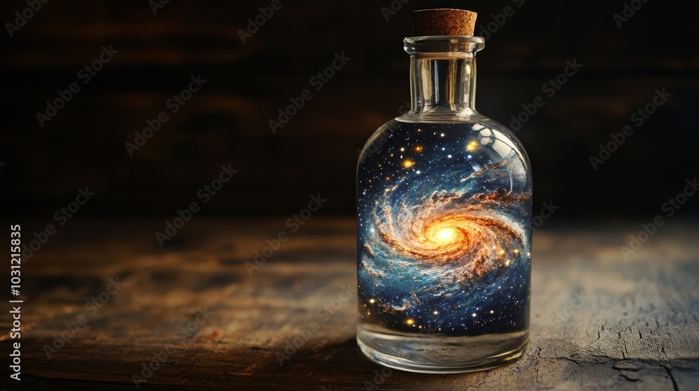 Galaxy swirling inside glass bottle on wooden table, fantasy concept Galaxy swirling inside glass bottle on wooden table, fantasy concept