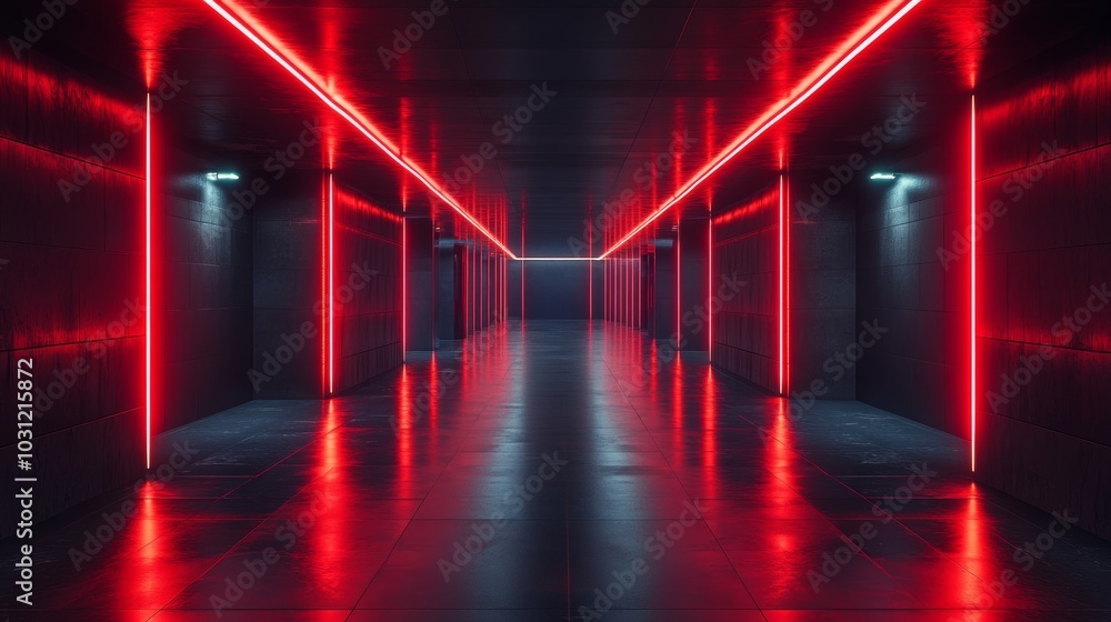 A dark, metallic corridor with bright red glowing edges, a smooth reflective floor mirroring geometric patterns from the ceiling, creating a deep futuristic mood A dark, metallic corridor with bright red glowing edges, a smooth reflective floor mirroring geometric patterns from the ceiling, creating a deep futuristic mood