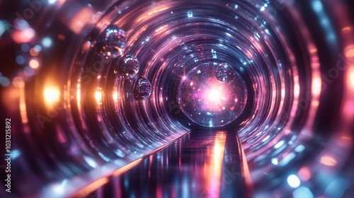 A deep, immersive tunnel of reflective metal, glowing with soft light from iridescent orbs, leading into a blinding, radiant point of light photo