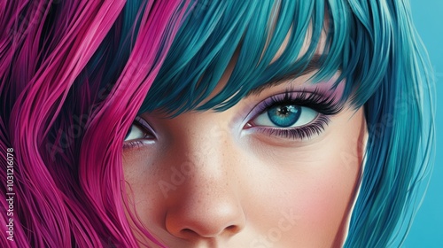 Close-up portrait of a woman with blue and pink hair, focusing on her piercing blue eyes.