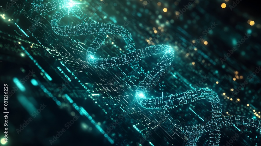 A fusion of DNA strands and AI code intertwining, glowing holographic helixes surrounded by digital data streams, representing bio-technology fusion, Sci-Fi, Abstract, Blue and Green Neon A fusion of DNA strands and AI code intertwining, glowing holographic helixes surrounded by digital data streams, representing bio-technology fusion, Sci-Fi, Abstract, Blue and Green Neon
