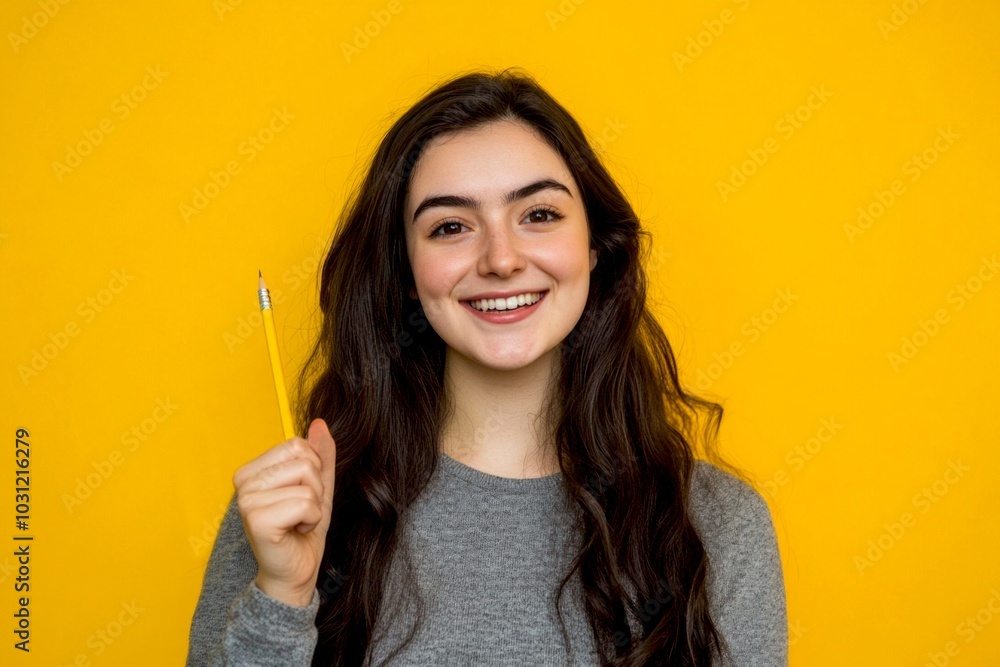 A cheerful young woman smiles brightly against a vivid yellow background. She holds a yellow pencil, showcasing creativity and positivity. The style is casual and inviting. AI A cheerful young woman smiles brightly against a vivid yellow background. She holds a yellow pencil, showcasing creativity and positivity. The style is casual and inviting. AI