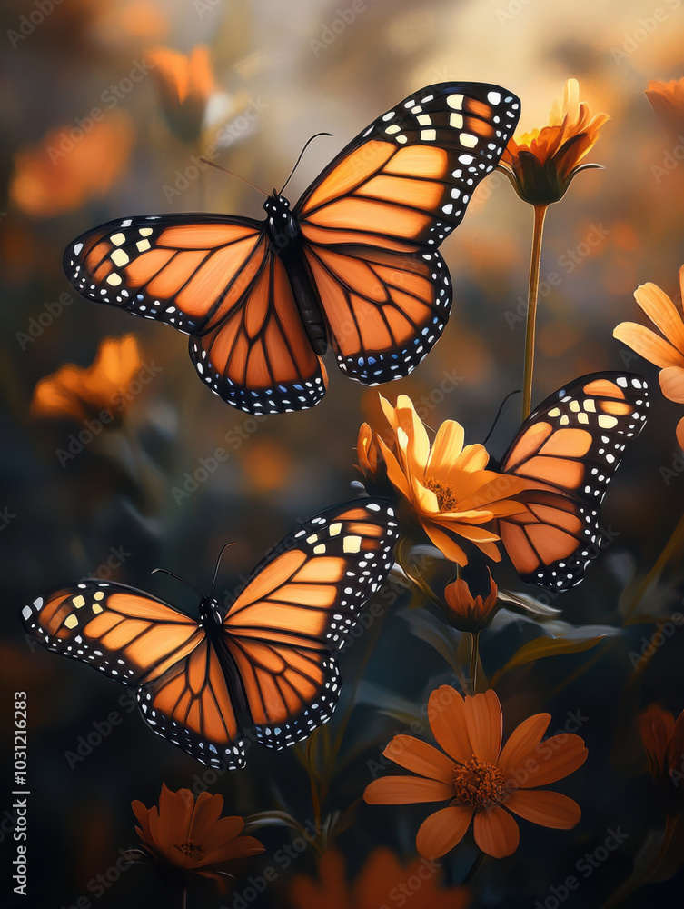 Obraz premium Orange butterflies on the pink flower background