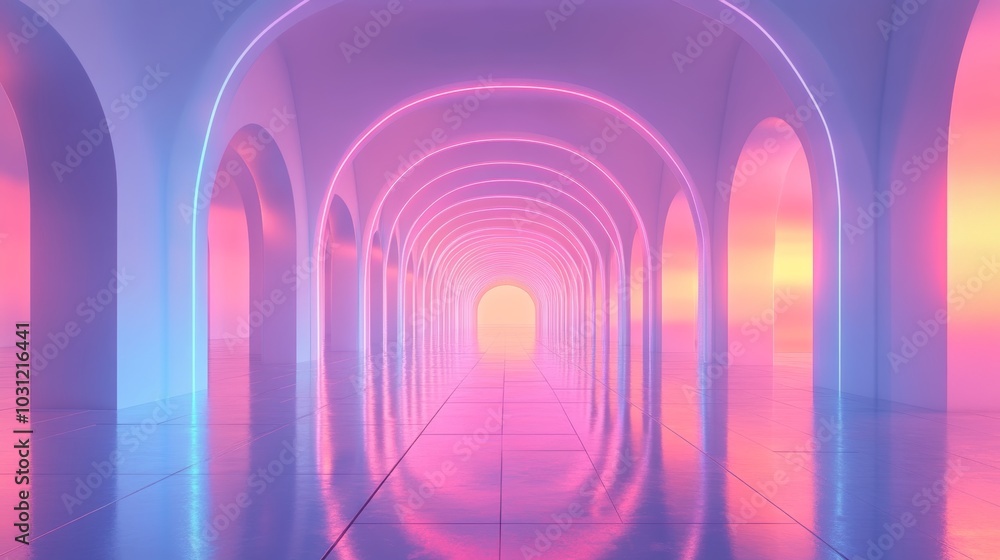 A futuristic hallway with reflective surfaces, symmetrical arches stretching into infinity, illuminated by soft neon hues, creating a surreal mirrored environment A futuristic hallway with reflective surfaces, symmetrical arches stretching into infinity, illuminated by soft neon hues, creating a surreal mirrored environment