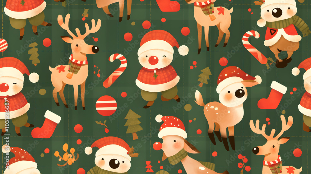 Playful Holiday Pattern with Santa and Reindeer for wallpaper and background Playful Holiday Pattern with Santa and Reindeer for wallpaper and background