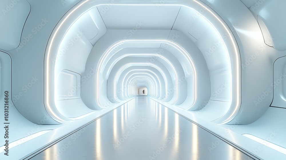 Fototapeta premium A futuristic white corridor with a sleek design, glowing neon lights along the edges, and reflective floors. The octagonal wall patterns give a sense of depth