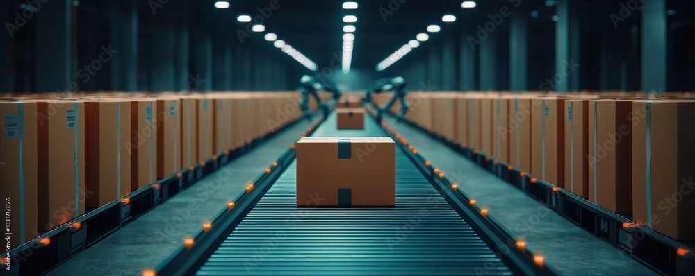 A dimly lit warehouse with conveyor belts transporting boxes, showcasing an efficient logistics system in action. A dimly lit warehouse with conveyor belts transporting boxes, showcasing an efficient logistics system in action.
