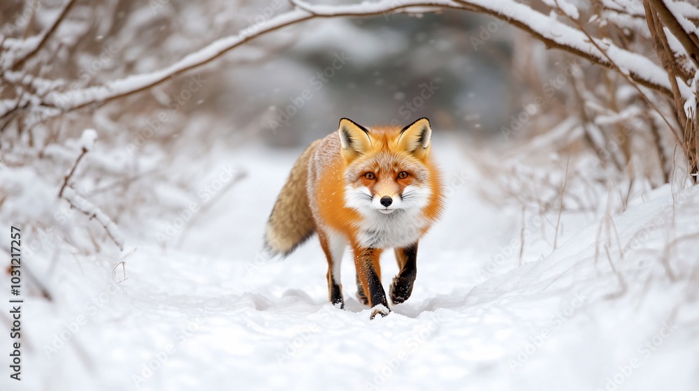 A fox walking through a snowy landscape, showcasing winter wildlife. A fox walking through a snowy landscape, showcasing winter wildlife.